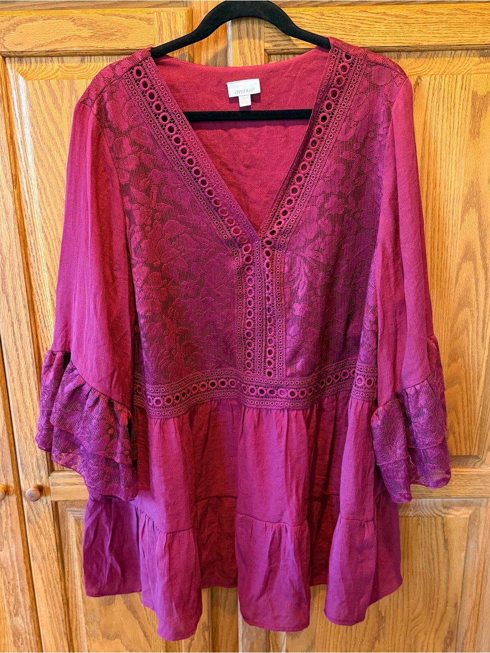 Avenue 22/24 BurgundyLace-Trim Peasant Blouse Ruffle Bell Sleeve Tunic Top